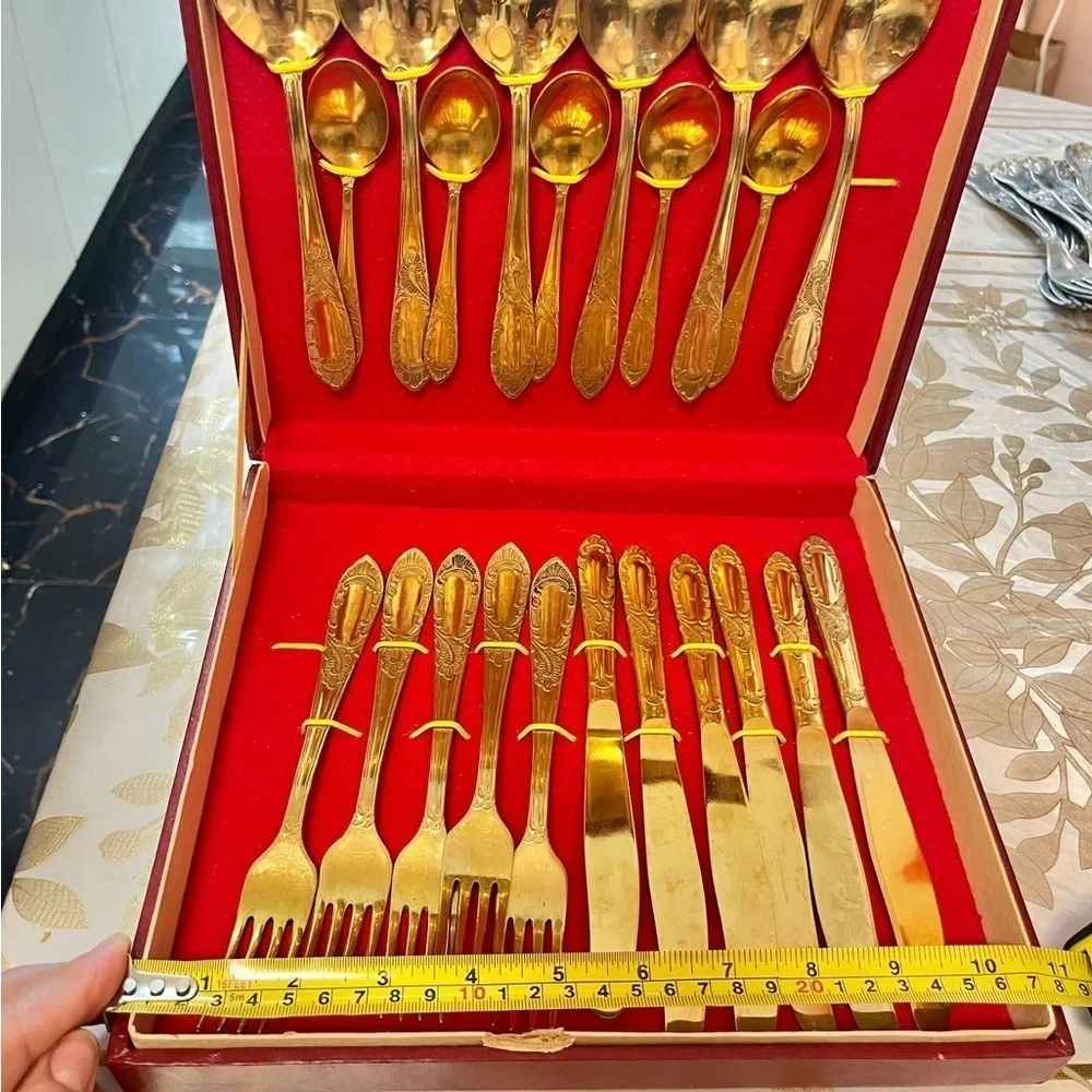 VTG Soviet Gold-Plated Flatware Set USSR 22 pcs Spoons, Forks, Knives Box
